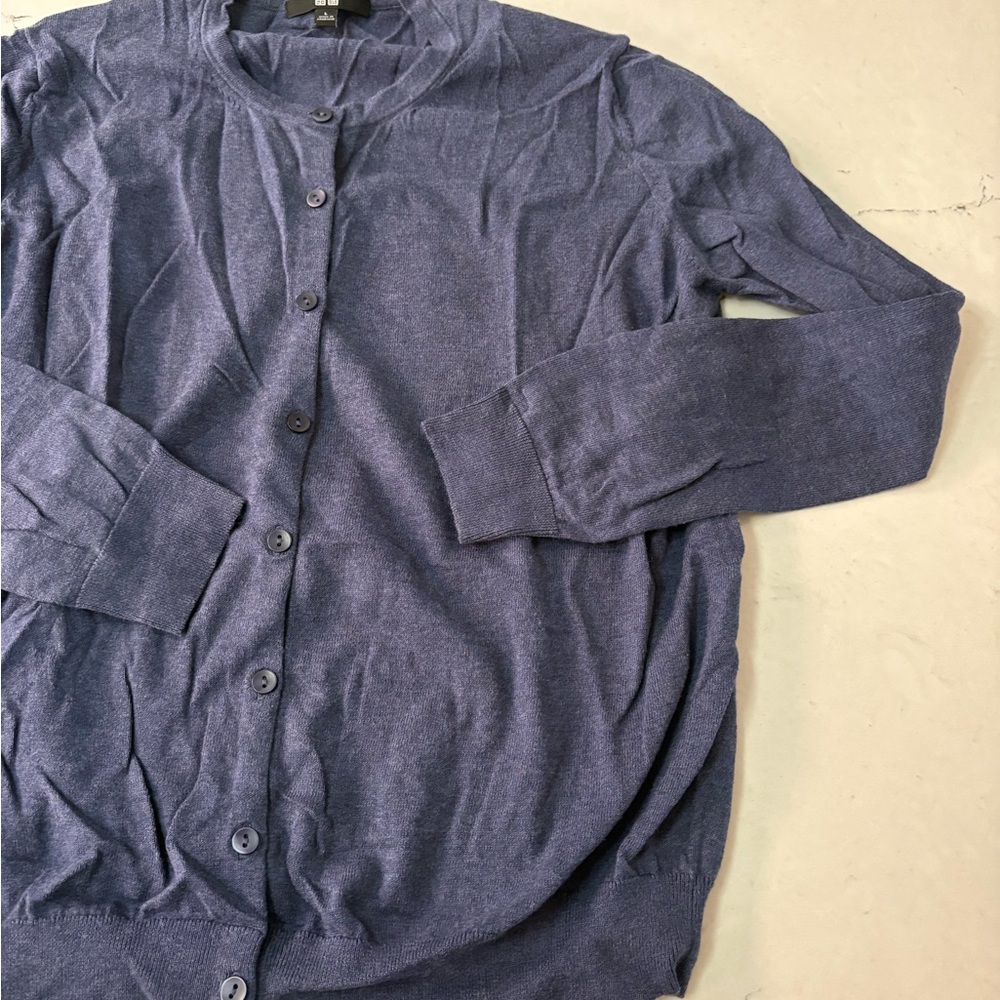 Uniqlo Women Sweater L Navy Blue Button Up Crew Neck Cardigan Spring Capsule